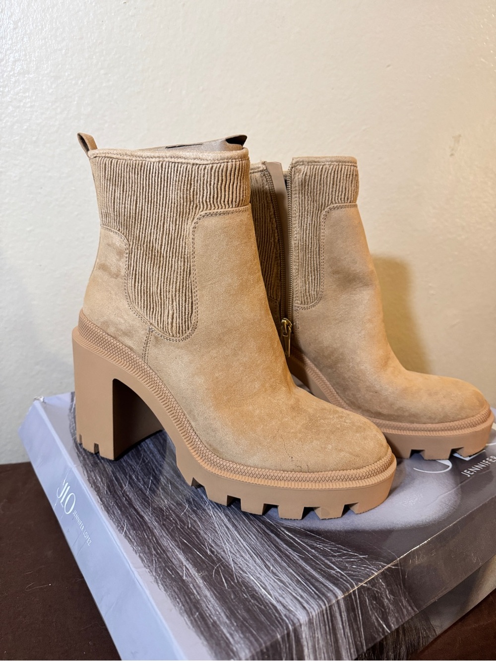 Chunky Lug-Heel Ankle Booties in Tan Suede-Style